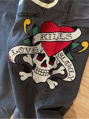 Ed Hardy Faded Black Wide Leg Jeans with White Graphic Script Love Kills Sz. 28